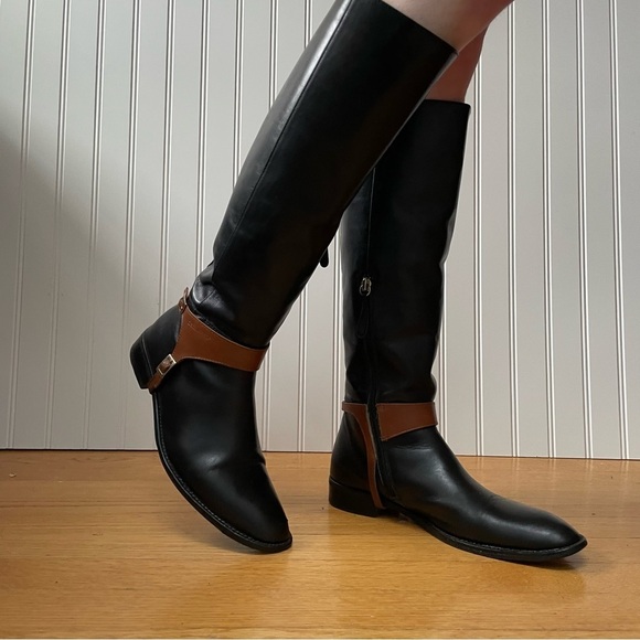 DSQUARED Tall Leather Riding Boots in Black w Tan Trim - Picture 15 of 16
